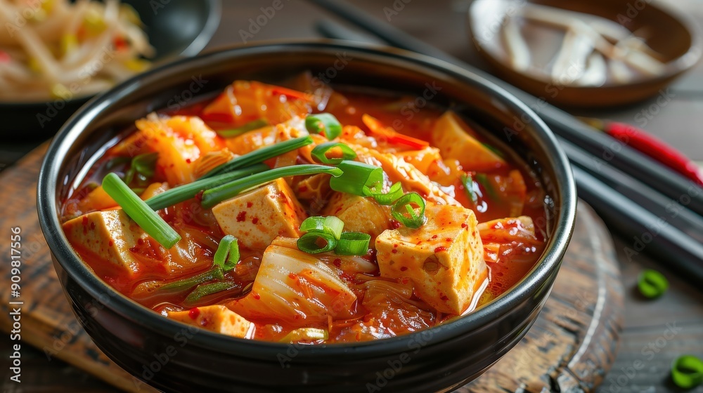 Enjoy a flavorful bowl of spicy kimchi stew featuring tender tofu and pork, garnished with fresh green onions, ready to be savored Enjoy a flavorful bowl of spicy kimchi stew featuring tender tofu and pork, garnished with fresh green onions, ready to be savored