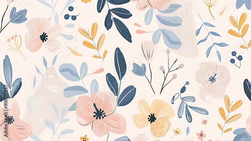 A simple pattern featuring pastel-colored doodle flowers and leaves, creating a delicate and charming design. 8k UHD, suitable for high-quality printing or digital display. 