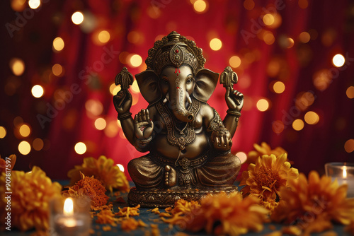 lord ganesha sculpture surrounded by flower and lamp photo