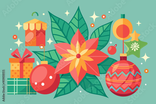 Christmas background with red poinsettia and Chrilstmas bolls