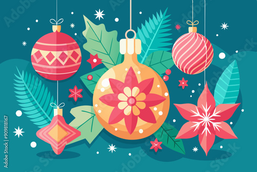 Christmas background with red poinsettia and Chrilstmas bolls