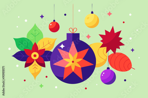 Christmas background with red poinsettia and Chrilstmas bolls