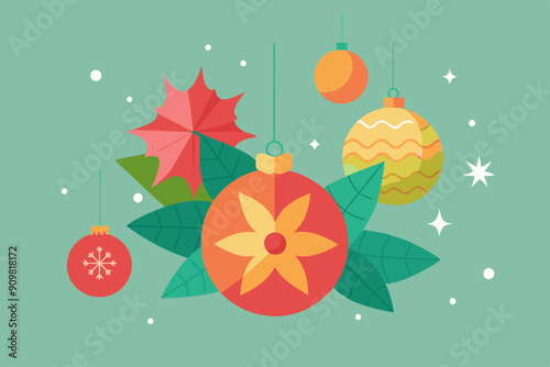 Christmas background with red poinsettia and Chrilstmas bolls