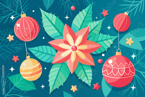 Christmas background with red poinsettia and Chrilstmas bolls