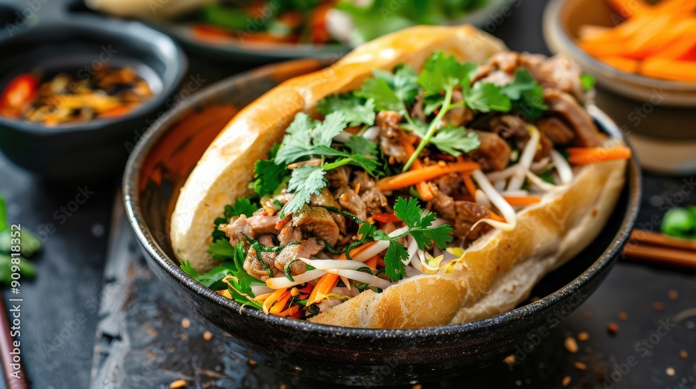 A Vietnamese banh mi sandwich loaded with fresh herbs, vegetables, and savory meat sits enticingly on a rustic dining table A Vietnamese banh mi sandwich loaded with fresh herbs, vegetables, and savory meat sits enticingly on a rustic dining table
