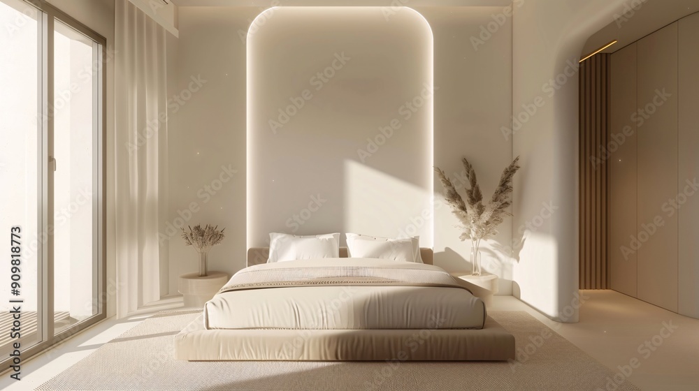 Ultra-sharp photograph of a contemporary bedroom with a minimalist design, highlighting sleek lines and soft textures. With copy space for text