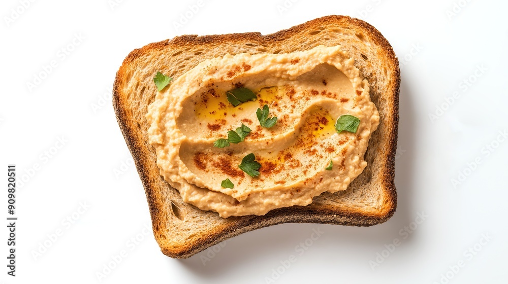 one single toast bread with creamy hummus with oil and spices isolated on white background one single toast bread with creamy hummus with oil and spices isolated on white background