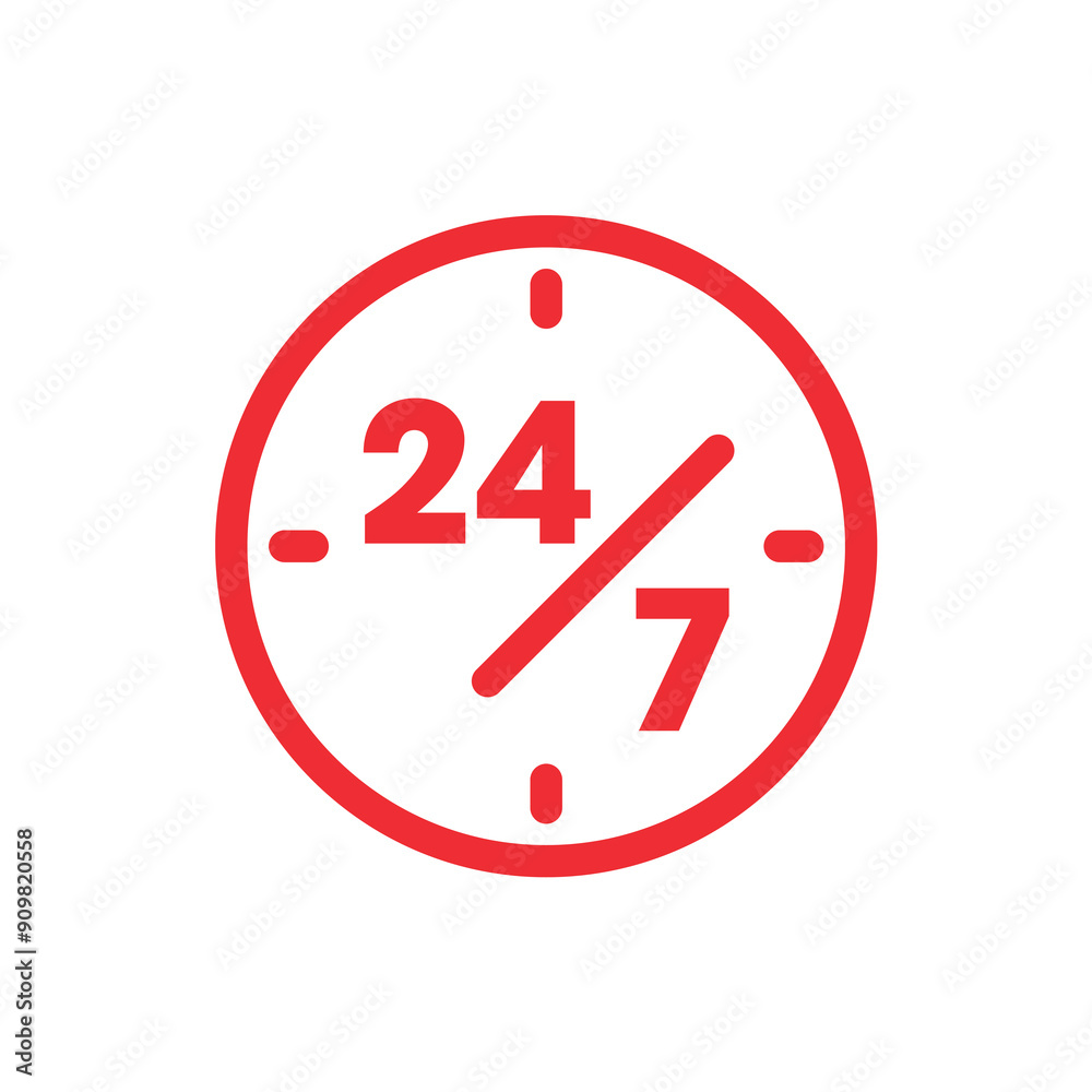 24-7 concept in red clock. 24-7 service logo 24-7 concept in red clock. 24-7 service logo