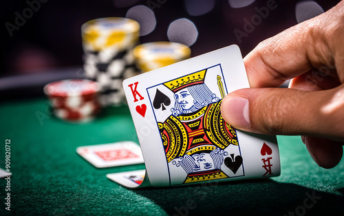 A hand holding a King of Hearts playing card at a poker table surrounded by colorful chips, perfect for gambling themes.