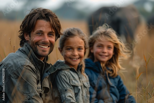 Family Enjoys Wildlife Experience in Nature Amidst Elephants on a Sunny Day