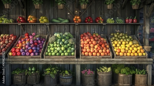 Vibrant Rainbow Harvest Farmer's Market Delight with Colorful Fruits and Vegetables on Wooden Stalls