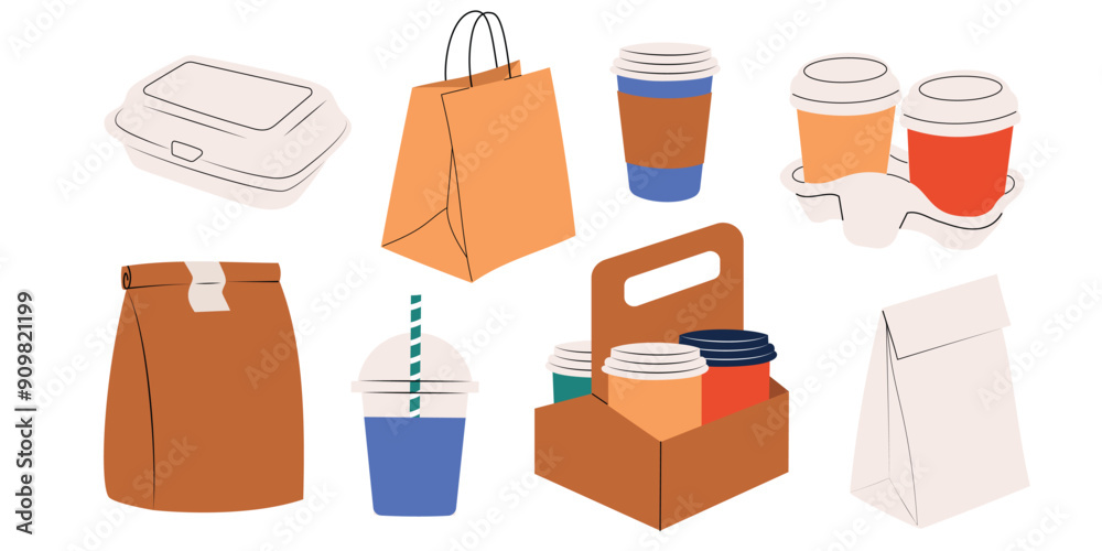 Set with delivery and takeaway foods and drinks in plastic and paper containers and bags. Hand drawn vector illustrations in flat style, isolated on white Set with delivery and takeaway foods and drinks in plastic and paper containers and bags. Hand drawn vector illustrations in flat style, isolated on white