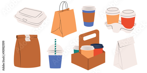 Set with delivery and takeaway foods and drinks in plastic and paper containers and bags. Hand drawn vector illustrations in flat style, isolated on white