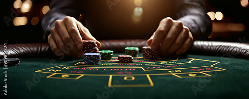 Close-up of hands placing chips on a green casino table, highlighting the excitement of gambling and strategy in play. photo