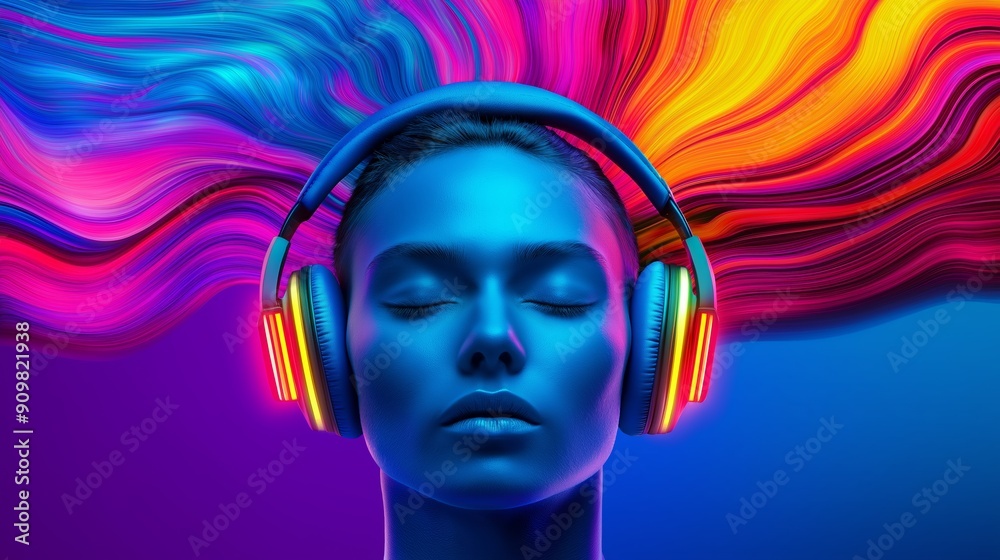 A man wearing headphones is looking at the camera. The image is in a neon color scheme and the man is in a relaxed state A man wearing headphones is looking at the camera. The image is in a neon color scheme and the man is in a relaxed state