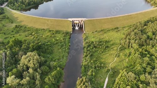 Drone footage of Guelph Lake Dam on Speed River on a sunny day in Guelph city, Ontario, Canada photo