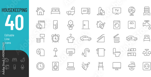 Housekeeping Line Editable Icons set. Vector illustration in modern thin line style of house management related icons: household appliances, furniture, plumbing, and more. Pictograms and infographics