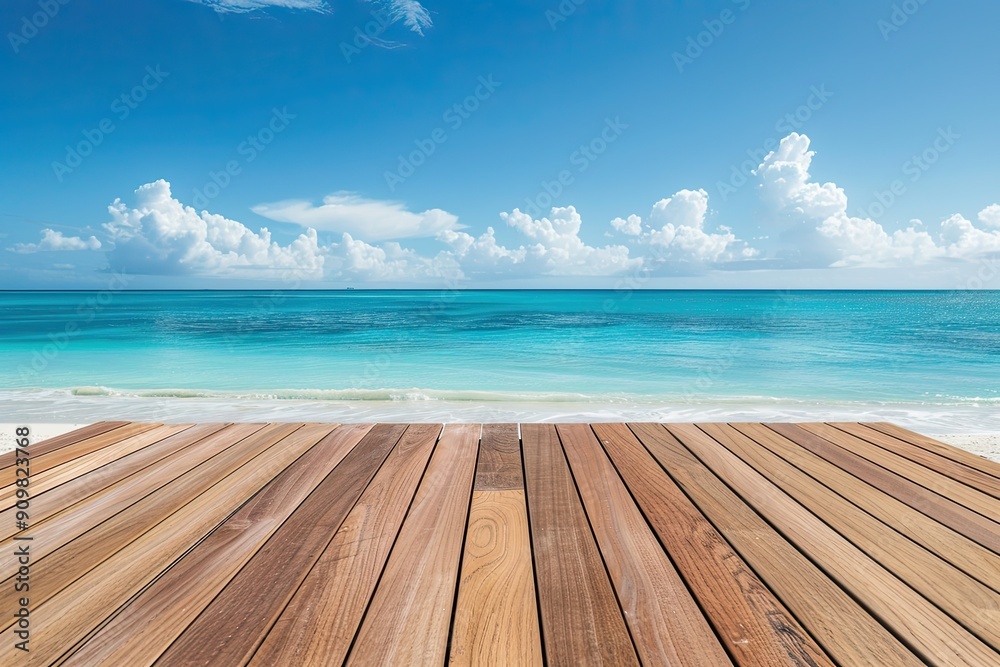 Fototapeta premium Wood table top podium floor in a sunny beach setting with blue ocean background