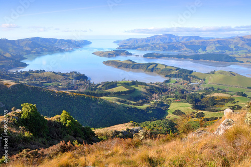 Lyttleton Harbour Panorama, Christchurch,  New Zealand. photo