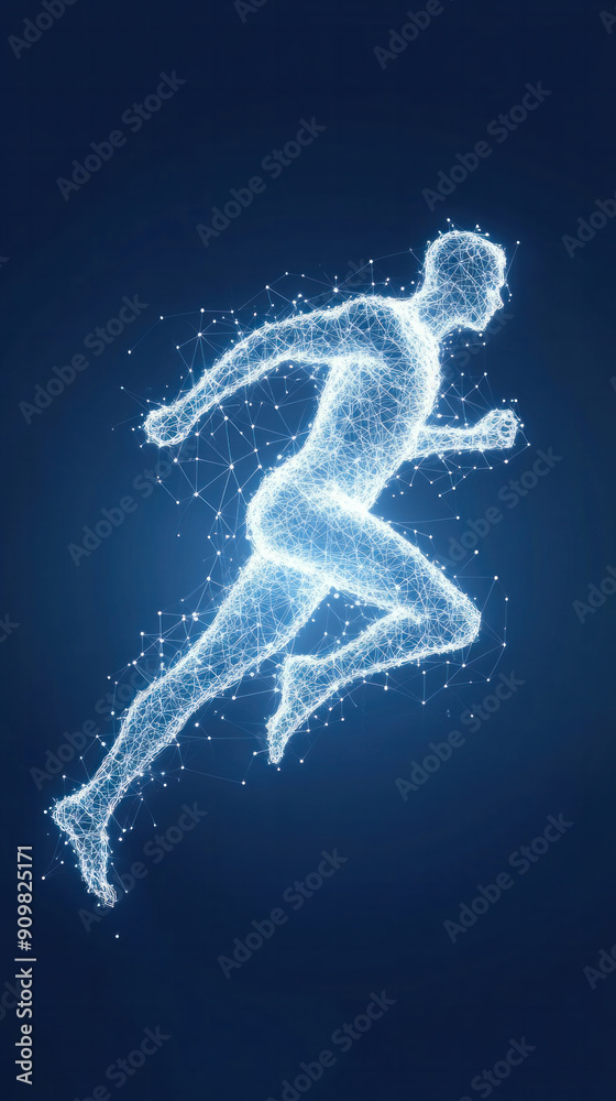 A man is running in a blue background with a glowing effect. Concept of motion and energy, as if the man is in the midst of a race or a sprint A man is running in a blue background with a glowing effect. Concept of motion and energy, as if the man is in the midst of a race or a sprint