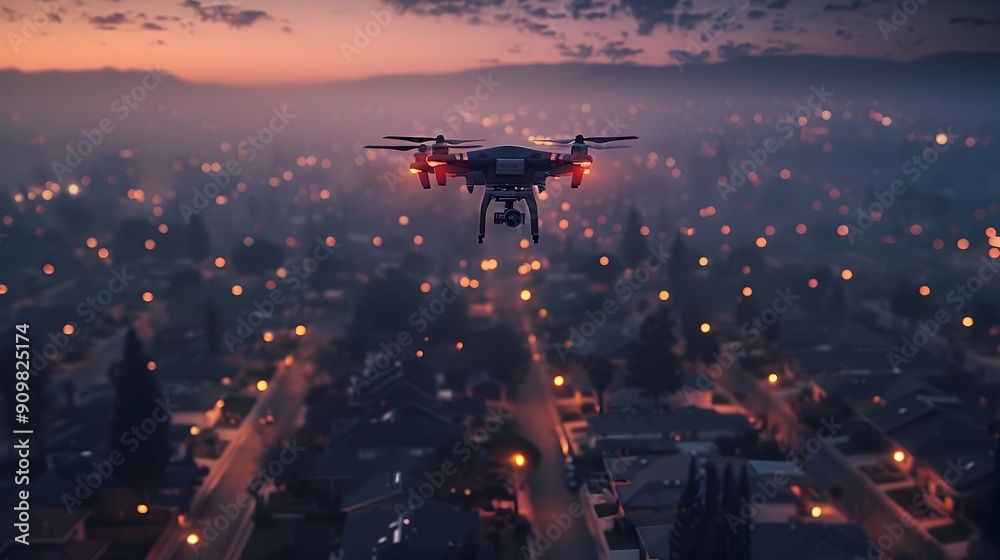 Naklejka premium Drone with Thermal Imaging Surveying Suburban Neighborhood at Night for Security Applications