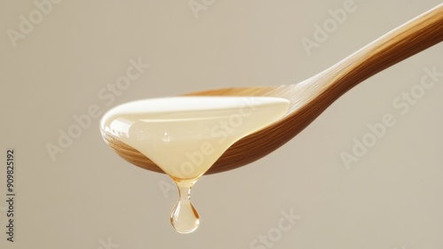 Raw organic bees Royal Jelly photo. White honey in wooden spoon isolated on white background