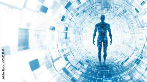 A man stands in a blue tunnel with a white background. The tunnel is filled with blue and white squares, creating a futuristic and otherworldly atmosphere. The man is the only figure in the tunnel