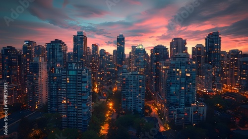Drone Capturing Panoramic View of Vibrant City Skyline at Dusk