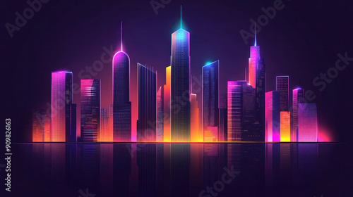 A city skyline is lit up in neon colors. The city is in the background and the water is in the foreground