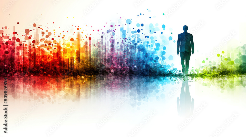 A man walks through a colorful, abstract background. Concept of movement and energy, as the man is walking through a vibrant, dynamic environment A man walks through a colorful, abstract background. Concept of movement and energy, as the man is walking through a vibrant, dynamic environment