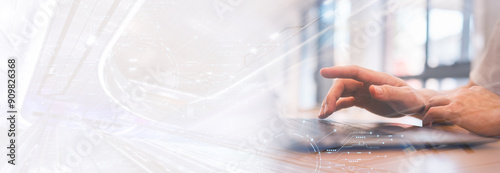 Businessman or freelancer using computer laptop working remote in concept of Ai digital transformation technology DEVOPS global internet connect marketing Financial banking Digital link tech