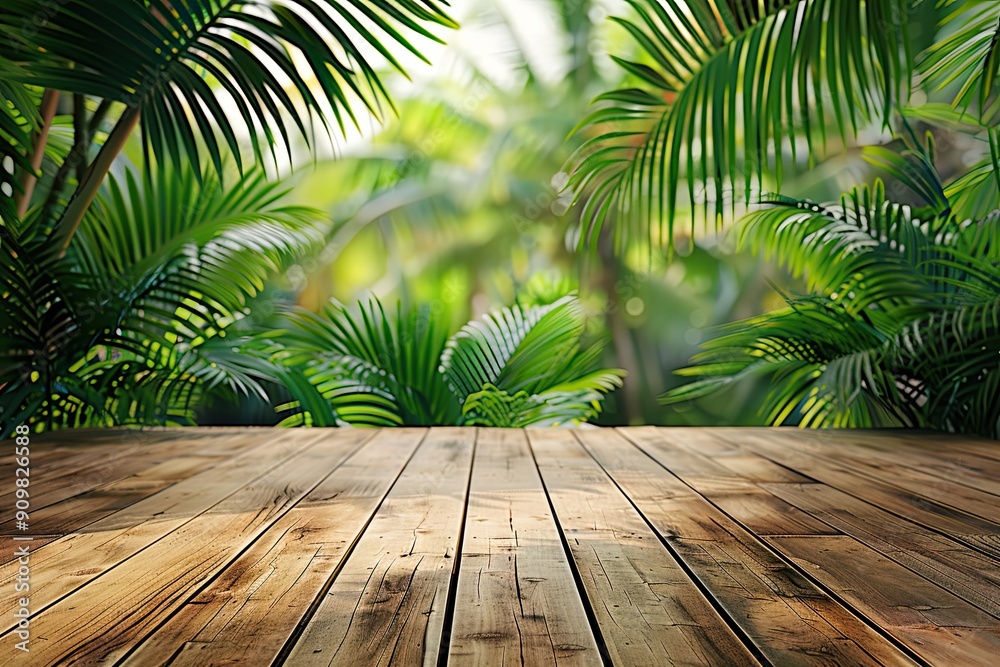 Fototapeta premium Wood table top podium floor in a tropical palm beach background