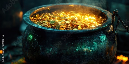 A pot overflowing with shiny gold coins, great for financial or treasure-themed illustrations photo