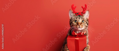 Merry Christmas concept holiday vacation winter greeting card - Cool cat with reindeer antlers and red giftbox with ribbon, on red background