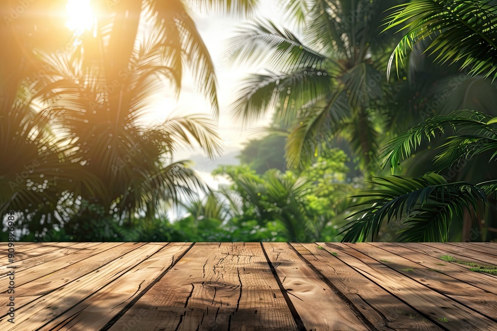 Fototapeta premium Wood table top podium floor in a tropical palm beach background