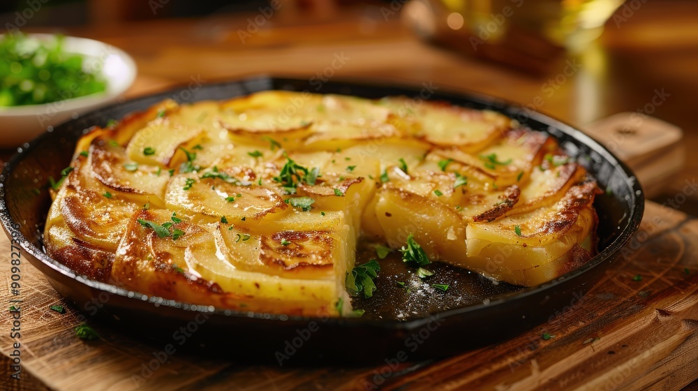 A warm Spanish tortilla showcases layers of thinly sliced potatoes and eggs garnished with fresh parsley, presented on a wooden board A warm Spanish tortilla showcases layers of thinly sliced potatoes and eggs garnished with fresh parsley, presented on a wooden board