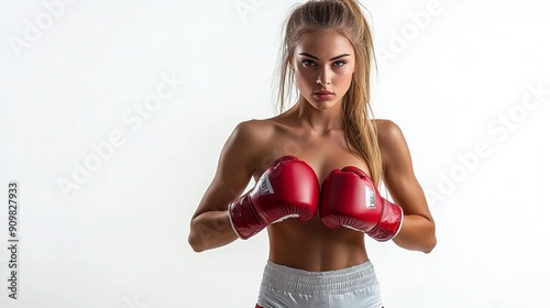 Boxer Preparing for Training Session in Red Gloves Against White Background