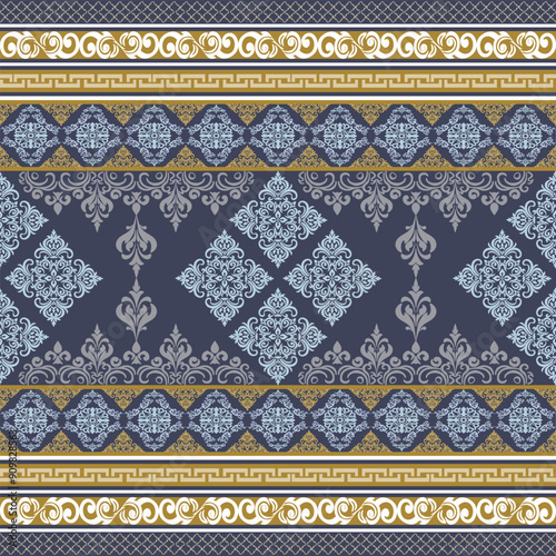 Damask floral seamless pattern, Damask vintage pattern design, Victorian Vintage seamless, luxury Damask, on Navy-blue background.vector, illustration.