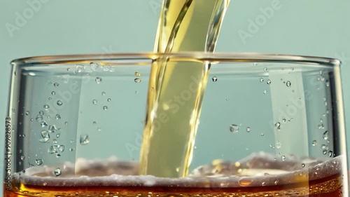 A poured brown beverage fills a glass with ice cubes, creating bubbles at the surface. The smooth flow enhances overall visual appeal. photo