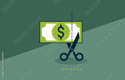 Inflation concept, poster, money banknote cutting by a scissors vector icon style illustration.