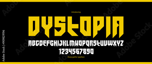 Sharp and bold vector display font for logo, gothic or heavy metal style modern typeface, edgy hard rock letters and numbers alphabet for titles or slogans, heavy typography.