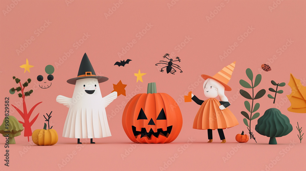 A delightful Halloween illustration showing a ghost and a witch with a large jack-o'-lantern, surrounded by plants and spooky decorations against a soft pink background. A delightful Halloween illustration showing a ghost and a witch with a large jack-o'-lantern, surrounded by plants and spooky decorations against a soft pink background.