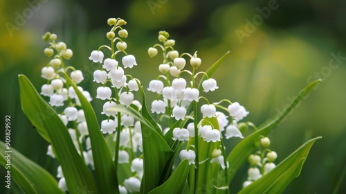 Delicate lily of the valley flowers bloom abundantly among vibrant green leaves in a serene garden setting, showcasing their pure white petals