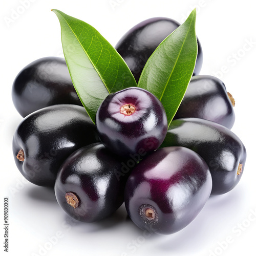 Isolated Jamun. Fresh Jamun Fruit with Leaves Isolated on a White Background