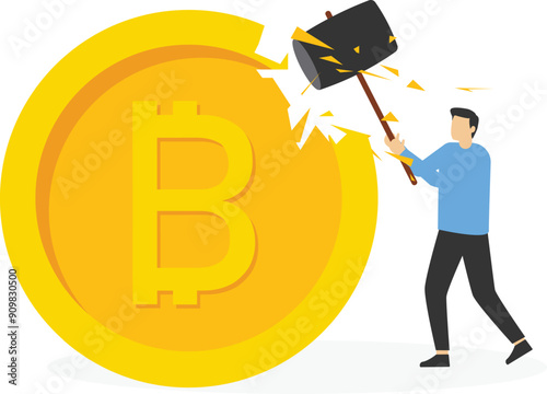 Female uses sledgehammer and breaks bitcoin. Financial crisis and Global economic money problem, Bankruptcy unpaid loan debt, investment failure. Flat vector illustration.

