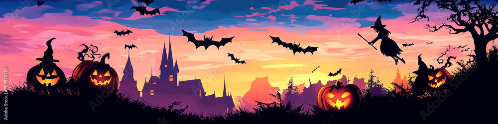 Halloween spooky carved pumpkin jack-o-lanterns and bats illustration.
