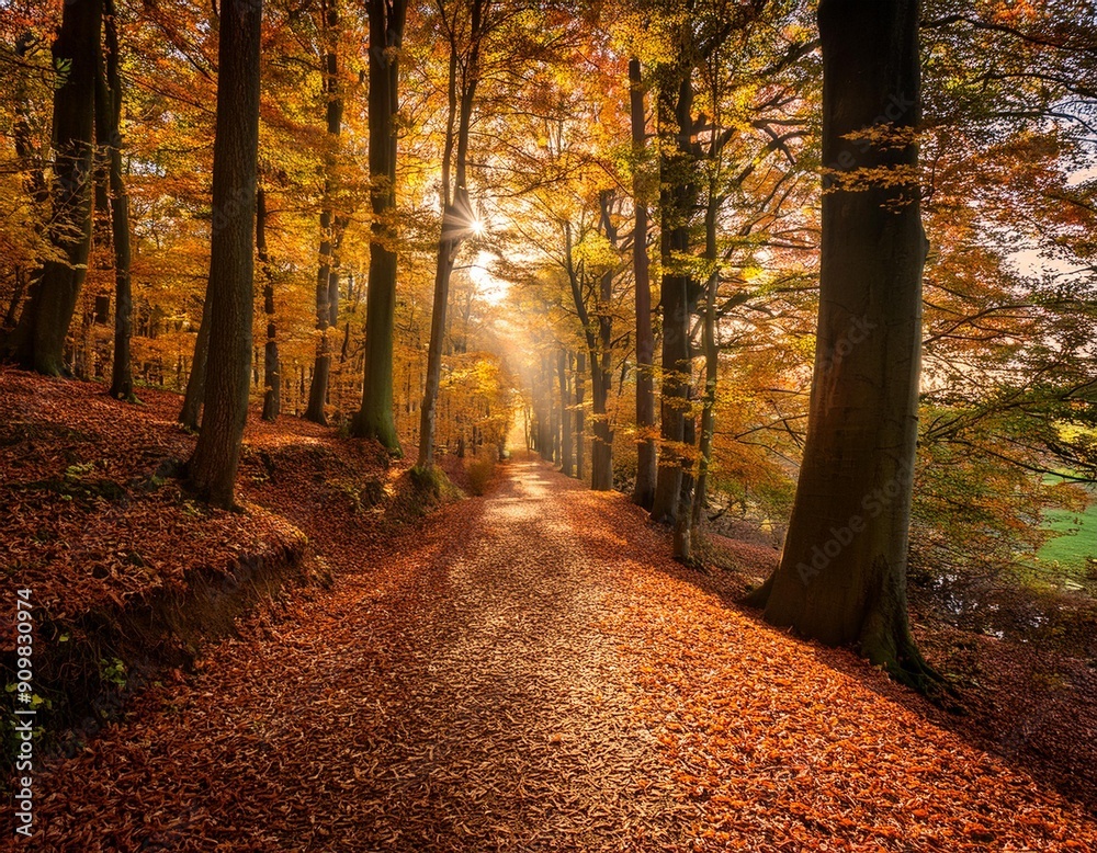 Obraz premium Golden Path Through Autumn Woods: A picturesque path winds through a vibrant autumn forest, bathed in golden sunlight. Fallen leaves carpet the ground, creating a warm and inviting atmosphere. The sce