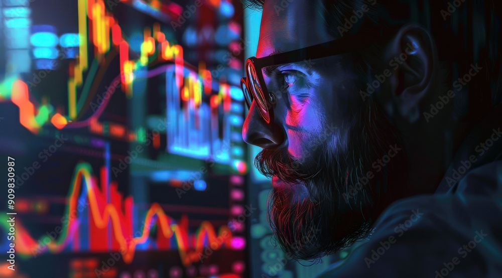 Un homme avec des lunettes et une barbe regardant l'écran de son ordinateur, affichant des graphiques boursiers. Un homme avec des lunettes et une barbe regardant l'écran de son ordinateur, affichant des graphiques boursiers.