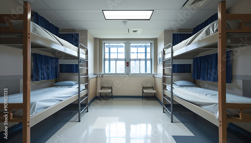 Simple student-style dorm bedroom. Hostel dormitory room
