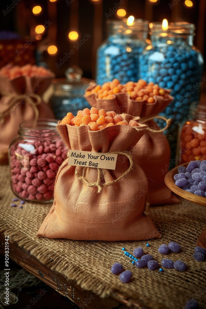 Colorful candy bags and jars at a Halloween-themed treat station Colorful candy bags and jars at a Halloween-themed treat station